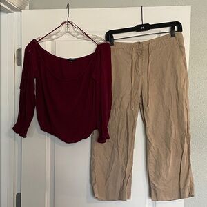 2Women's Burgundy Top M & Tan Pants size 8 M